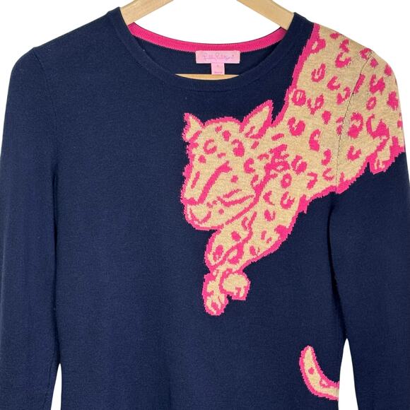 Lilly Pulitzer Size Small Wool Blend True Navy Cheetah Intarsia Charter Sweater - Picture 2 of 8
